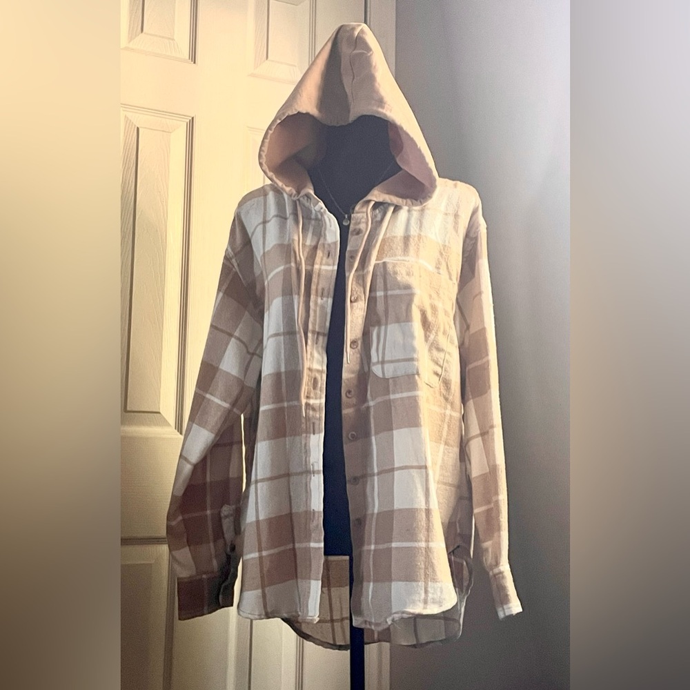 Beige and White Plaid Hooded Button-Up Shirt